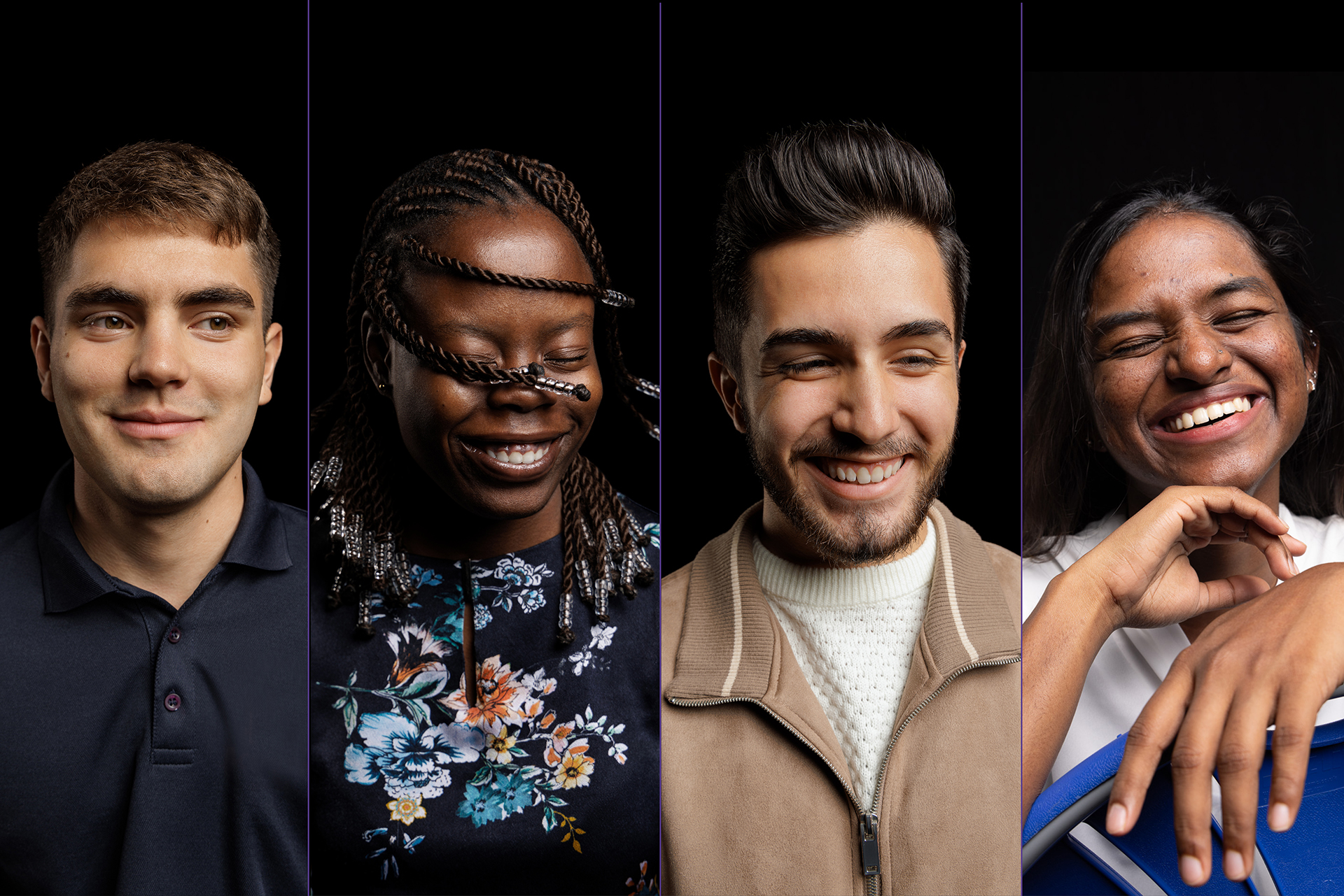 4 of our Be Extraordinary students from across HRUC - left - male smiling in black shirt, second - female flicking her braids with flowery top, third - male smiling looking down, in beige jacket, fourth - female sitting on blue chair smiling with eyes closed.