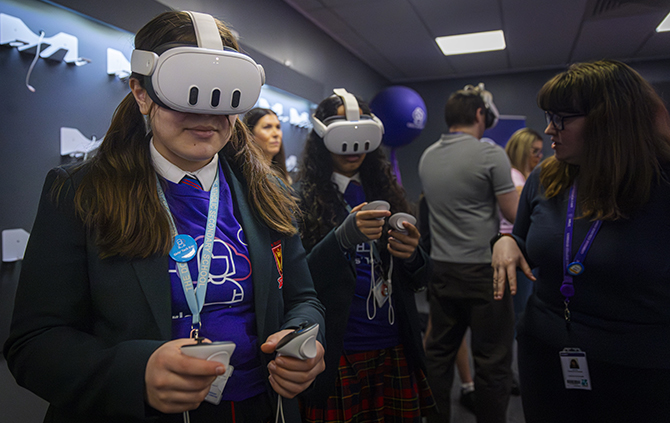 Year 7 and 8 girls from three schools in Hillingdon Borough using VR headsets – exploring VR and using Augmented Reality. 