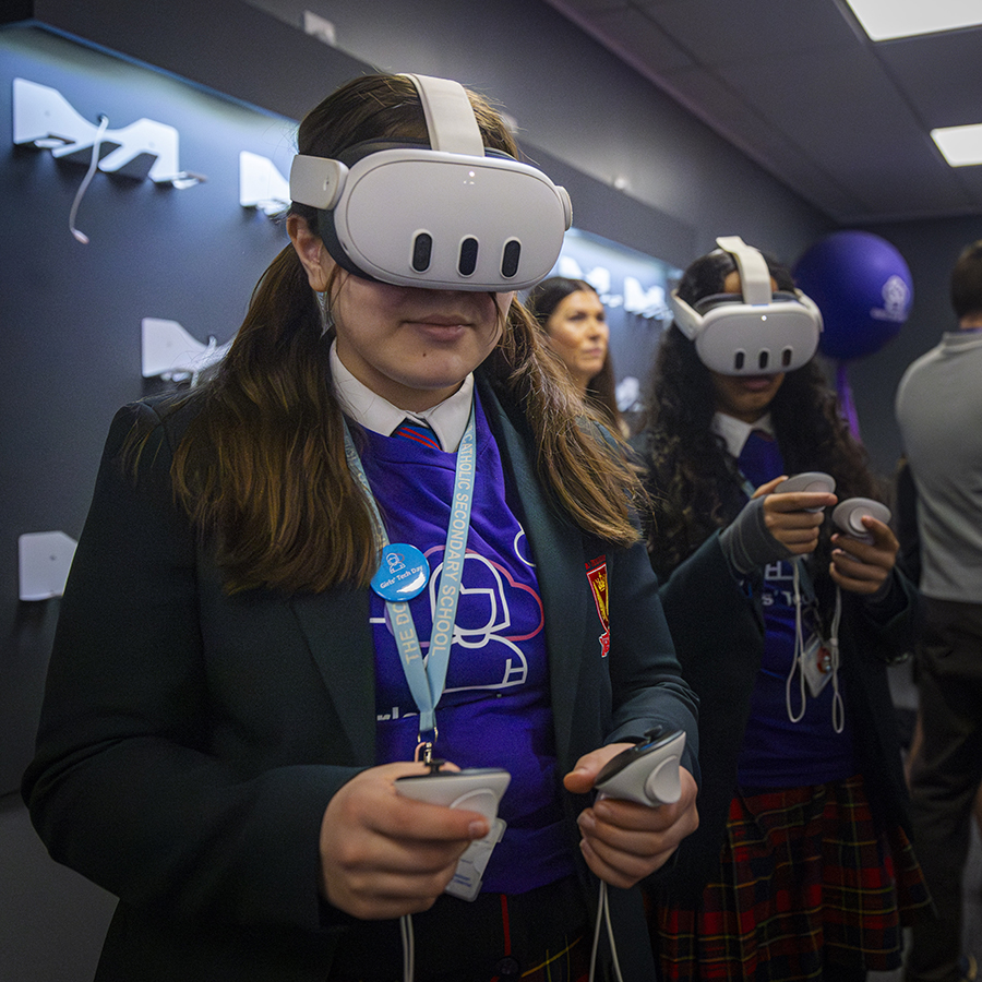 Year 7 and 8 girls from three schools in Hillingdon Borough using VR headsets – exploring VR and using Augmented Reality. 