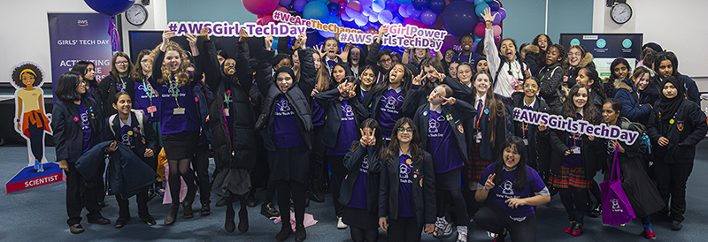 The year 7 and 8 students from three schools in Hillingdon Borough - Bishopshalt, Douay Martyrs and Swakeleys – posing for a group photos at the first ever Amazon Girls’ Tech Day in the UK. 